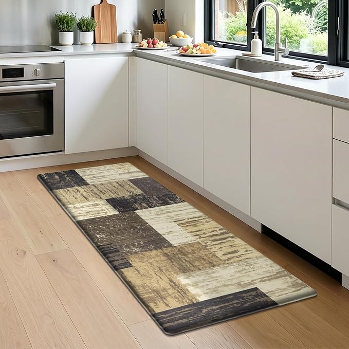 LOKHOM Anti Fatigue Kitchen Mats for Floor, 24x59 Non Slip Modern Cushioned Standing Comfort Kitchen Runner Rug, Waterproof Geometric Patchwork Memory Foam Padded for Sink Laundry Office, Chocolate