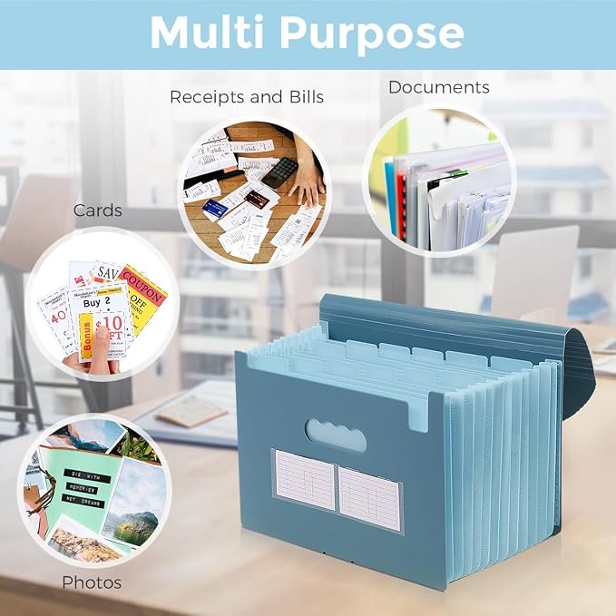 SKYDUE Accordion File Organizer, Expanding File Folder with 13 Pockets, Portable Document Paper Bill Receipt Organizer, Home School Office Supplies, Letter A4 Size Haze Blue