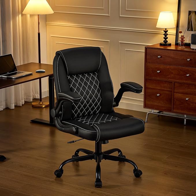 Leather Office Chair, 300lbs Heavy Duty Mid-Back Desk Chairs with Flip-up Armrests, Space-Saving Swivel Task Chair with Wheels, Adjustable Height and Ergonomic Back Support, Black
