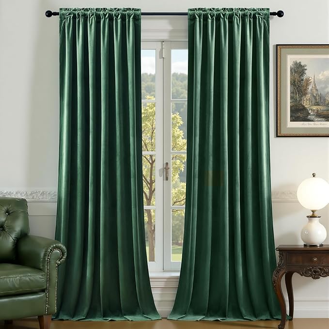 Green Velvet Blackout Curtains 96 Inches for Bedroom, Thermal Insulated Noise Reducing Curtains Luxury Room Darkening Drapes for Dining Room, Back Tab Rod Pocket, W52 x L96, Dark Green, 2 Panels