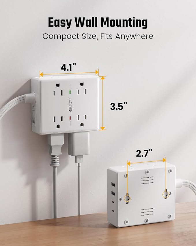 25Ft Long Extension Cord, Flat Plug Power Strip with 8 Outlets & 4 USB Ports (2 USB C), Wall Mountable Surge Protector, Desk Charging Station for Home Office, Dorm Room Essentials