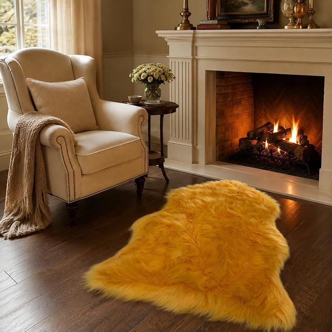 EasyJoy Faux Sheepskin Rug, Fluffy Faux Fur Rug, Ultra Soft Shag Area Rug with Non-Slip Backing for Bedroom, Living Room, Nursery, Kids Room(2 x 3 ft Sheepskin, Golden Yellow)