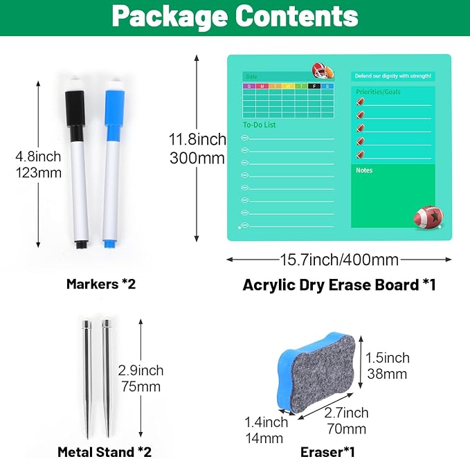 LeMotech Desktop Acrylic Dry Erase Board, 15.7x11.8 inches Weekly & to-Do List Planner, Tabletop Whiteboard with Stand, Office Supplies Includes 2 Markers & 1 Eraser, Green Football Pattern, 1 Pack