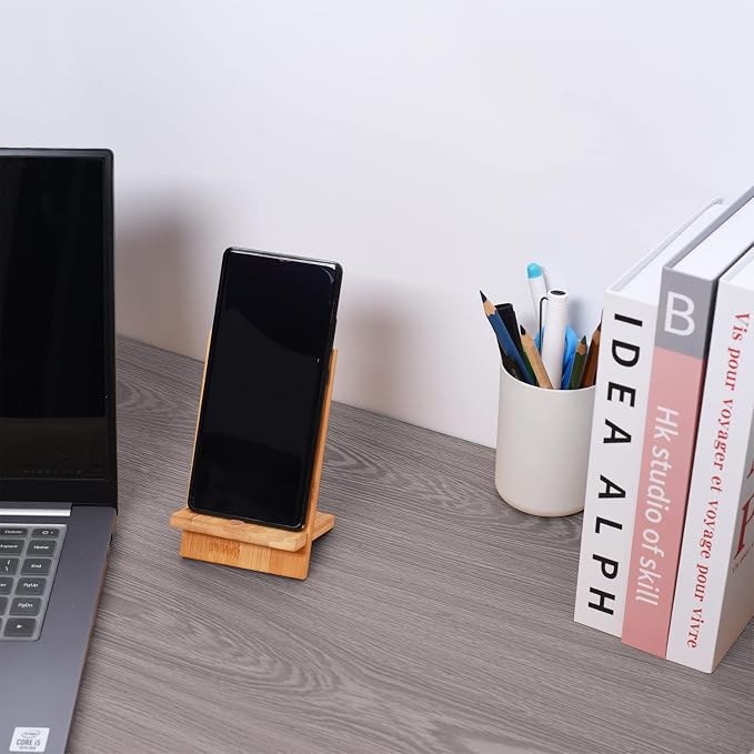 Mobile Stand Japanese Style Cellphone Holder Desktop Organizer Charging Station Compatible with All Smartphones Tablets Natural Bamboo Wood Portable Adjustable Angle (Plain-Hole)