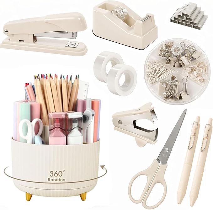 SKYDUE Desk Organizer Set with 360° Rotating Pen Holder, Office Supplies Kit Includes Stapler, Scissors, Tape Dispenser, Clips, Pins & Accessories, Desk Organization for Home Office, School, Teacher