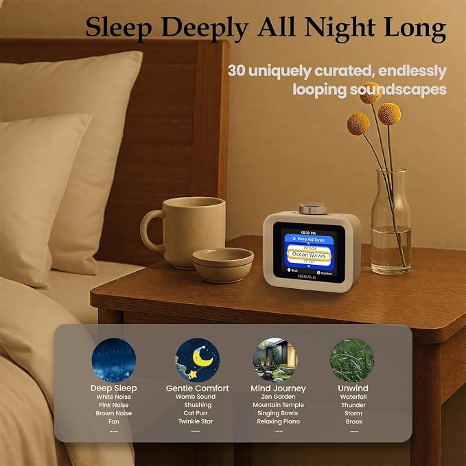 Dekala Alarm Clock for Bedrooms, 4 Alarms, 7-Day Programmable Loud Digital Clock for Heavy Sleepers with White Noise, Temperature & Humidity Display, IPS Animated Screen, Hourly Chime, White
