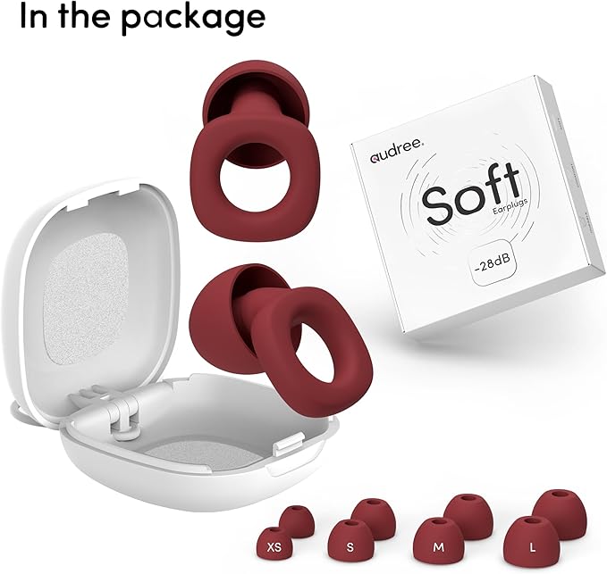 Audree Soft Ear Plugs for Noise Reduction, Reusable Flexible Earplugs for Sleep, Travelling, Focus, Study & Noise Sensitivity, 28dB Noise Cancelling, 8 Silicone Ear Tips in XS/S/M/L, Red