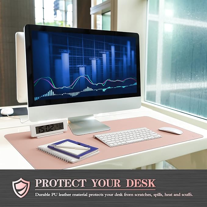 K KNODEL Desk Mat, Blotter, Dual-Sided Office Desk Pad, Waterproof Desk Mat for Desktop, Desk Blotters, PVC Leather Pad Protector (Pink, 23.6" x 13.8")