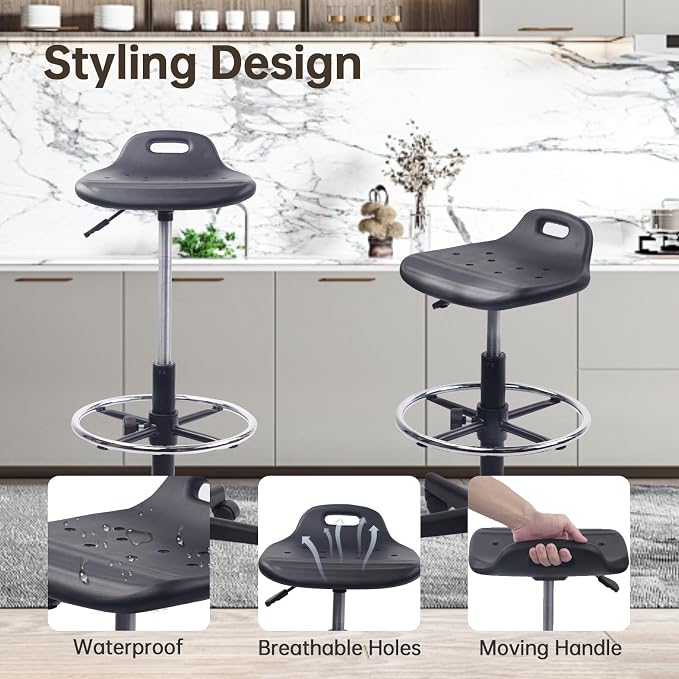 KLASIKA Drafting Rolling Stool Adjustable Height with Foot Rest Breathable Seat Cushion Swivel Stools with Wheels, Multi-Purpose Work Stool for Shop, Task, Salon, Black, 2 Pack