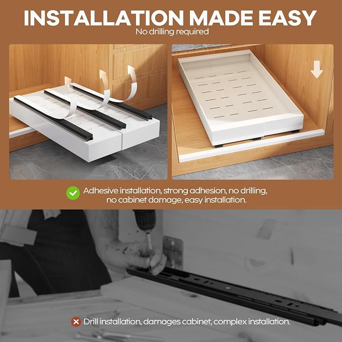 Seinloes 2 Pack Expandable Pull Out Cabinet Organizer 21" Deep with Raising Pad for Framed Cabinets,Upgrade 3 Slide Rails Slide Out Drawers,Roll Out Shelves Adhesive,Adjustable Width 9"-14.1" White