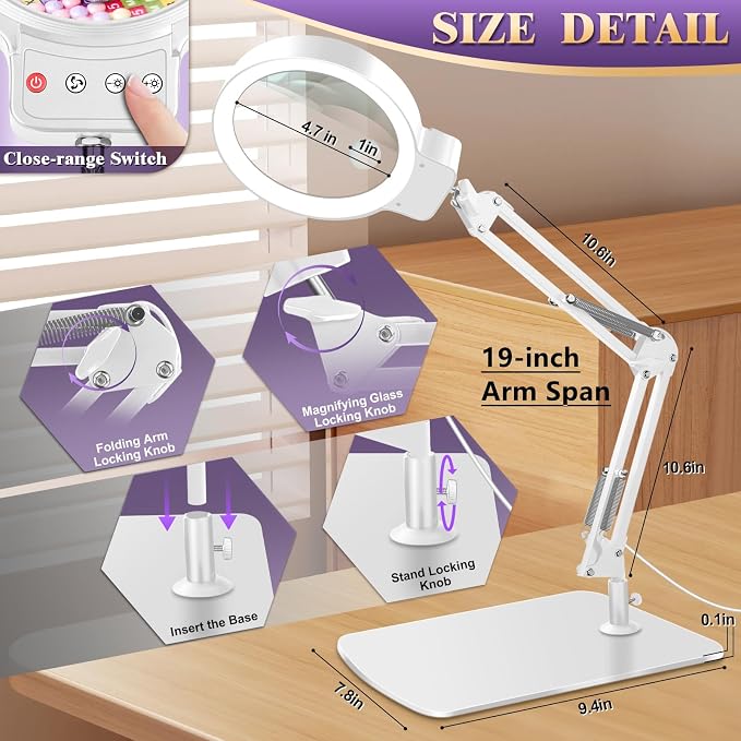 10X 30X Large Magnifying Glass with Light and Stand, 5-inch Lighted Magnifier, 72 LED 3 Color Modes Stepless Dimmable, Hands-Free Magnifying Glass Desk Lamp for Reading Craft Hobby Close Work White