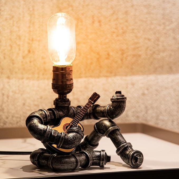 Music Guitar Table Lamp,Steampunk Table Lamp,Retro Guitars Steampunk lamp, Industrial Metal Tube Robot Lamp Cool Guitar Stuff Present for Men Music Lovers