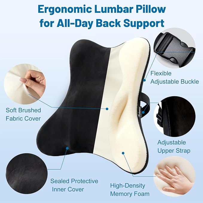 Lumbar Support Pillow, Memory Foam Back Cushion for Car & Office Chair - Black