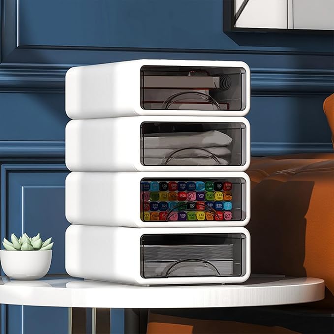 Desk Organizer with Drawers, Stackable Storage Drawers with Compartments Desktop Organization for Office Supplies, Makeup, Pencils, Tape, Erasers, Paperclips, Chargers (4 Pack White)