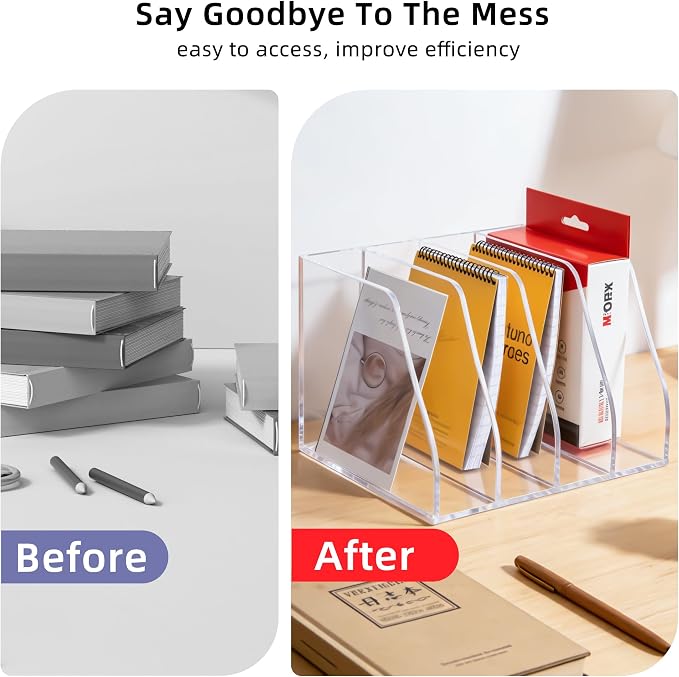 Clear Acrylic Magazine File Holder, 4 Compartment Desk Organizer | 4 spacious vertical compartments hold magazines, files, books & more. 5mm thick clear acrylic, non-slip base. No assembly.