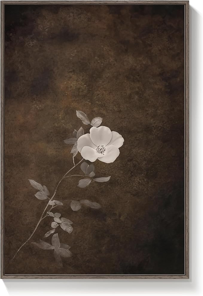 Framed Vintage Floral Vertical Wall Art, Moody Neutral Minimalist Botanical Canvas Artwork, Retro Rustic Brown Wabi Sabi Dark Flower Painting Prints for Living Room Bedroom Hallway Wall Decor, 24x36