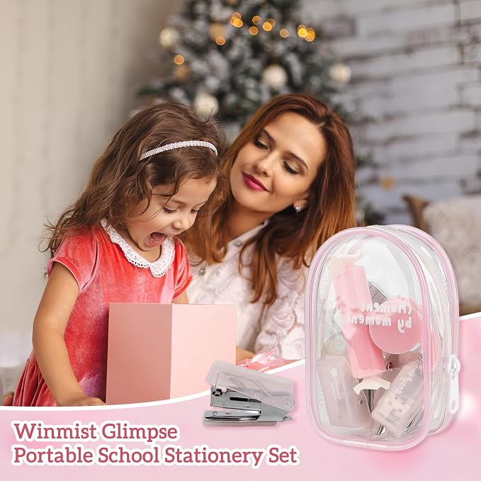 Christmas Gifts 7pcs Mini Stationary Kit with Compact Scissors Hole Punch Portable Stapler Mini School Supplies Kit Pink Stapler and Tape Dispenser Set for Students (Pink)