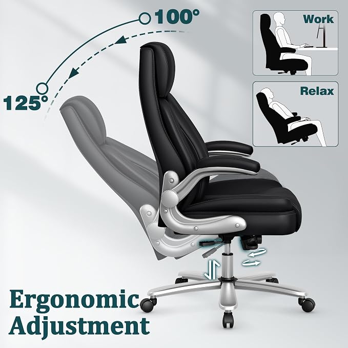 Executive Office Chair, Ergonomic Desk Chair, 500lbs Heavy Duty Comfy Computer Chair with Adjustable Lumbar Support, Flip-up Arms, Wide Thick Seat, High Back Office Chair for Back Pain