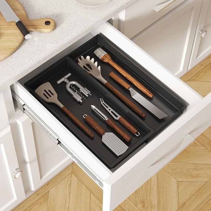 Lifewit Utensil Organizer for Kitchen Drawer, Expandable Cooking Tray | Adjustable Cutlery Flatware Holder, Plastic Silverware Spatula Tools Storage Divider, 7.5-12.9 x 16.1", Black
