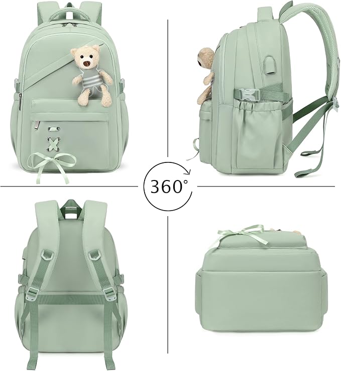 ACESAK School Backpack for Girls - 3 PCS Cute Girls Backpack with Lunch Box & Pencil Case - Kawaii Casual Kids Bookbag School Bag Daypacks Set for Elementary Middle High School Student Teens (Green)