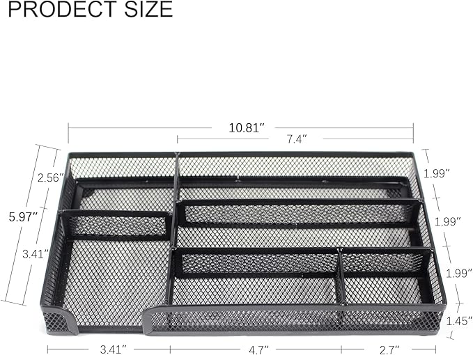 Desk Drawer Organizer Tray, Small Metal Mesh Desk Organizer Tray with 6 Compartments, Office Pencil Drawer Organizer Accessories for Stationery, Desktop, Bathroom, Kitchen, Makeup, Vanity, School