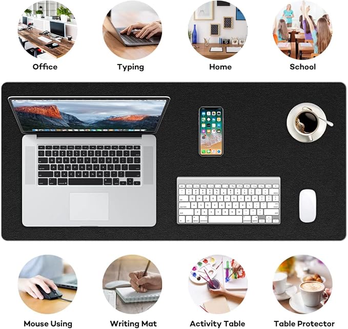 RostiKong Desk Mat - Dual Use Office Desk Pad PU Leather Blotter Protector Computer Laptop Keyboard Writing Mouse Pad Waterproof Decorative Cover (16'' x 32'' Black)