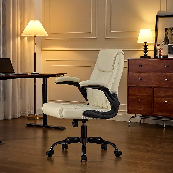 Leather Office Chair, 300lbs Heavy Duty Mid-Back Desk Chairs with Flip-up Armrests, Space-Saving Swivel Task Chair with Wheels, Adjustable Height and Ergonomic Back Support, Beige