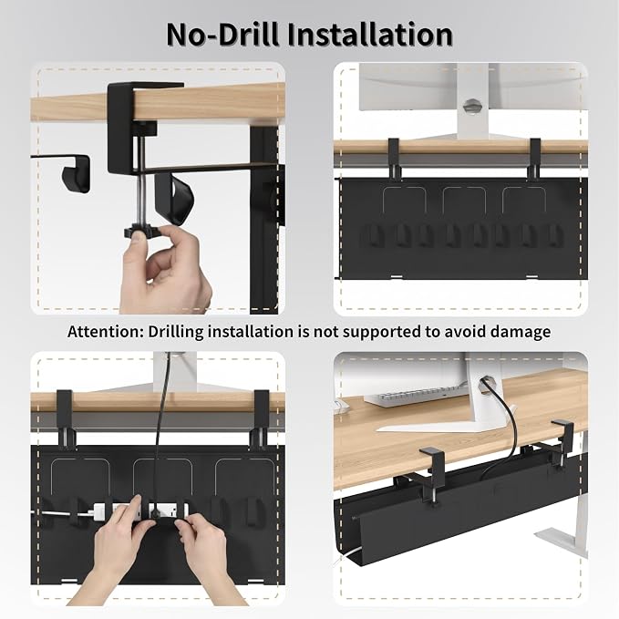 Under Desk Cable Management Tray, 36” Fabric No Drill Clamp Mount | Cord Organizer for Desk, Heavy Duty Wire Management for Office Home, Black