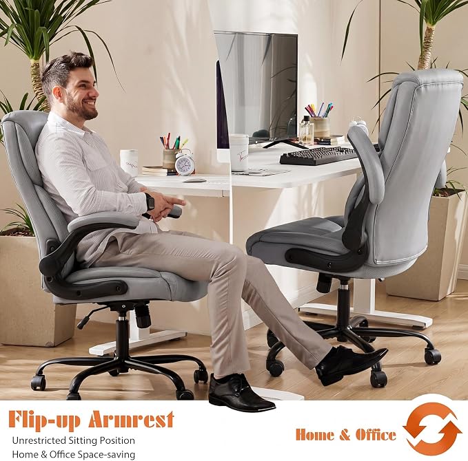 Sweetcrispy Office Computer Gaming Chair Set of 2, Ergonomic High Back Heavy Duty Task Desk Office Chairs with Wheels, Flip-up Arms, Adjustable Height, PU Leather, Grey