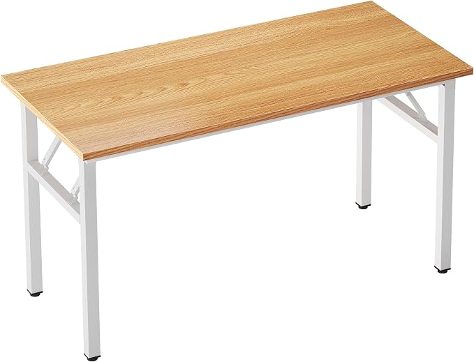 sogesfurniture Foldable Computer Desk 62 inches, Modern Large Folding Sturdy Laptop Workstation for Home Office, No Assembly Portable Study Table Writing Gaming Desk for Small Spaces, Teak White