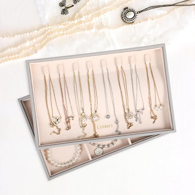 LANDICI Stackable Jewelry Organizer Trays 4 Set,PU Leather Jewelry Organizer Drawer,Jewelry Storage Display Tray for Earring Necklace Rings Bracelet with Removable Dividers,Grey