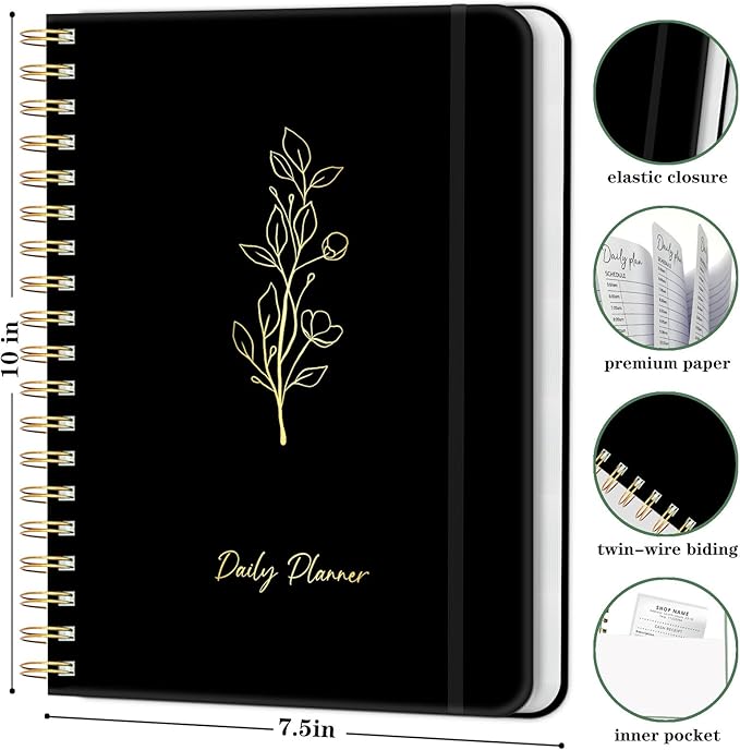 Undated Daily Planner With Hourly Schedule, To Do List Spiral Notebook, Easily Organize Your Work Tasks And Appointments, Perfect School Or Office Supplies For Organizing & Planning, 7.5"x10", Black
