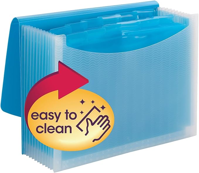 Smead Poly Frequency Expanding File Folders, Flap and Cord Closure, Letter Size, Wave Pattern, 13 Pocket, Teal/Clear (70869)