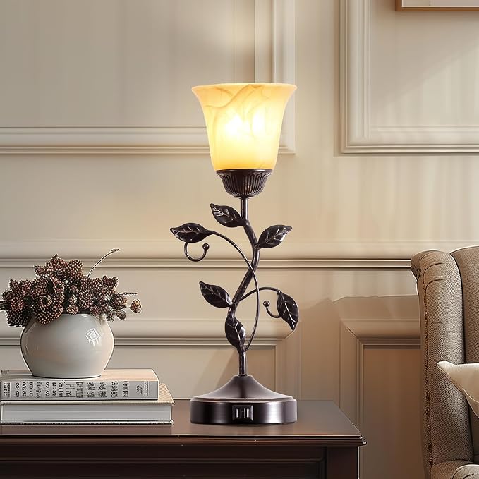 Set of 2 Touch Vintage Bedroom Leaf Table Lamps with 2 USB Ports | 3-Way Dimmable Nightstand Flower Lamps, Amber Glass Shade Rustic Lamp for Living Room Bedroom, LED Bulb Included (Bronze)