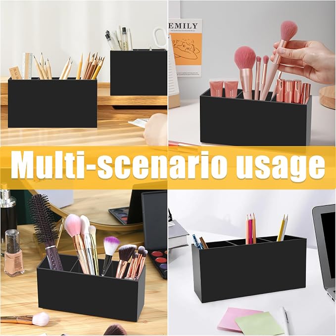 Cerpourt Black Makeup Brush Organizer,Acrylic Cosmetic Brushes Storage Holder with 3 Slots,Pencil Pen Holder for Desk,Desk Organizer and Accessories for Vanity