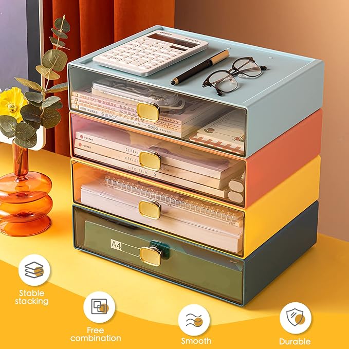 2PACK Stackable Storage Drawers for Desktop 6.5Wx9Lx3H Plastic Desk Organizer with Drawer Samll Storage Drawers for Desk Clear Storage Container for Hairpins, Cords, Markers(Orange, M-2 Drawer)