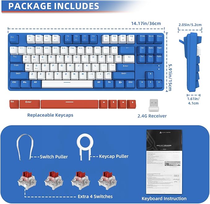 A.JAZZ Wireless Mechanical Keyboard, 87 Keys TKL Hot Swappable Bluetooth Gaming Keyboard, Dual Mode BT5.0/2.4G with Detachable Frame, USB Hub OEM Keycaps Custom Keyboard for PC MAC PS4(Red Switch)