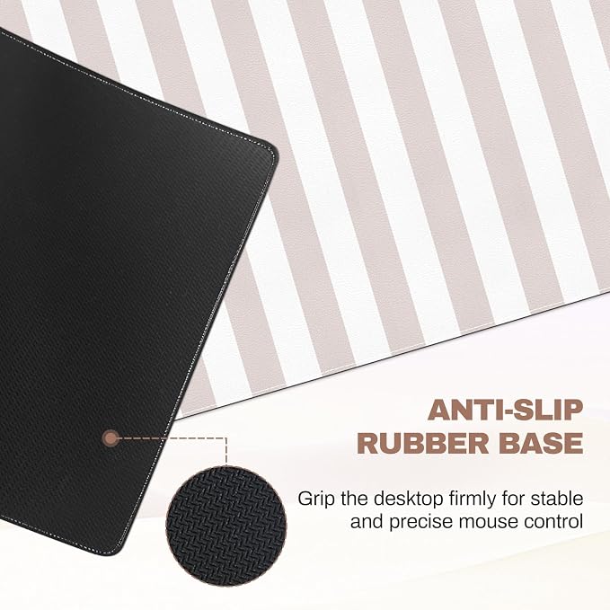 Beige Desk Mat Cute Kawaii PU Leather XXL Large Mouse Pad Striped Pastel Desk Pad Mat Laptop Computer Keyboard and Mouse Mat Home Office Decor for Women Girls