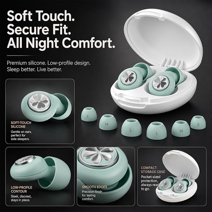 45dB Ear Plugs for Sleeping, Soft Silicone for Side Sleepers, 4 Sizes | Reusable soft silicone with XS/S/M/L sizes for side sleepers, concerts, flights and hotels; carrying case included.