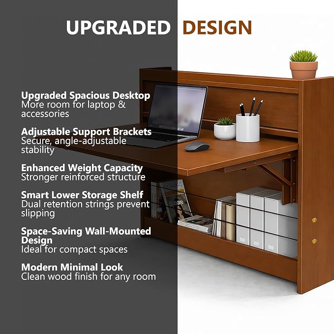 Wall Mounted Desk 31 Inches, Folding Table with Shelves, Space Saving Computer Desk, Floating Table, Multi-Purpose Folding Desk Perfect for Workstations, Dining, or Laundry Area.
