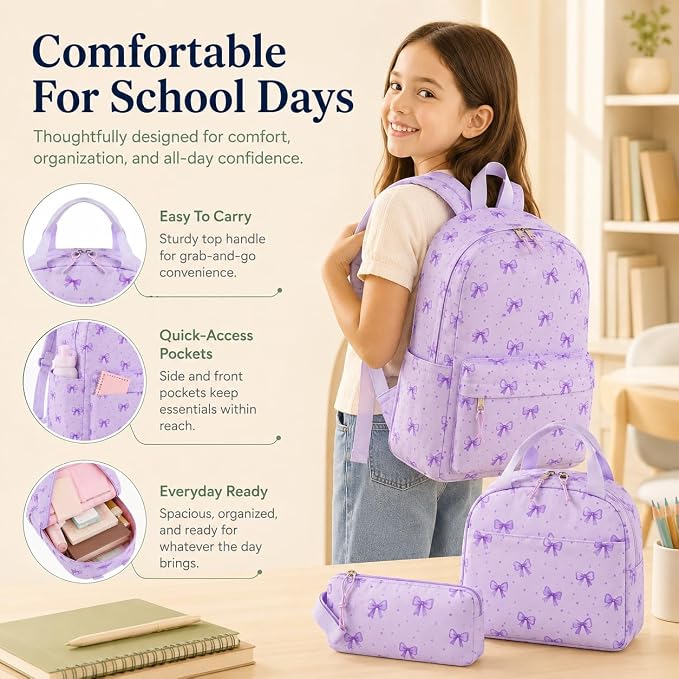 Bluboon Teen Girls School Backpack Kids Bookbag Set with Lunch Box Pencil Case Travel Laptop Backpack Casual Daypacks (Beige bow tie)