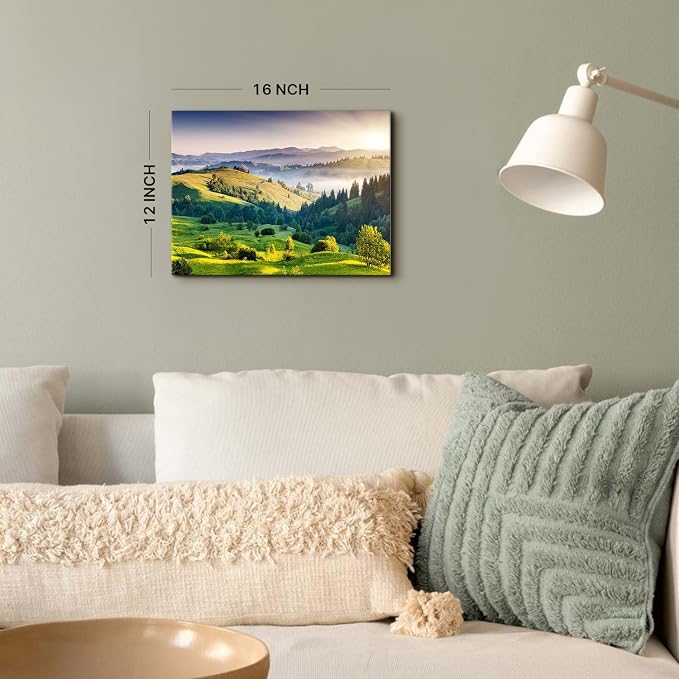 Green Mountain Wall Art Sunrise Nature National Park Landscape Canvas Prints Decor 12x16" Misty Forest Scenery Picture Painting Modern Artwork for Bedroom Living Room Bathroom Office Home Decoration