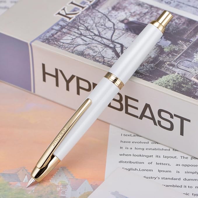 Jinhao 10 Press Fountain Pen with Box, Pearl White Retractable Fine Nib with Converter Set (Golden Clip)