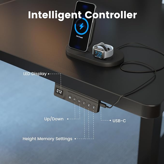 FEZIBO 63 x 37 Inch Standing Desk with Integrated Dual-Beam, Cable Management, 3 Memory Height Adjustable Computer Desk for Home Office Workstation, 1" Thick Large 3-Piece Desktop Black