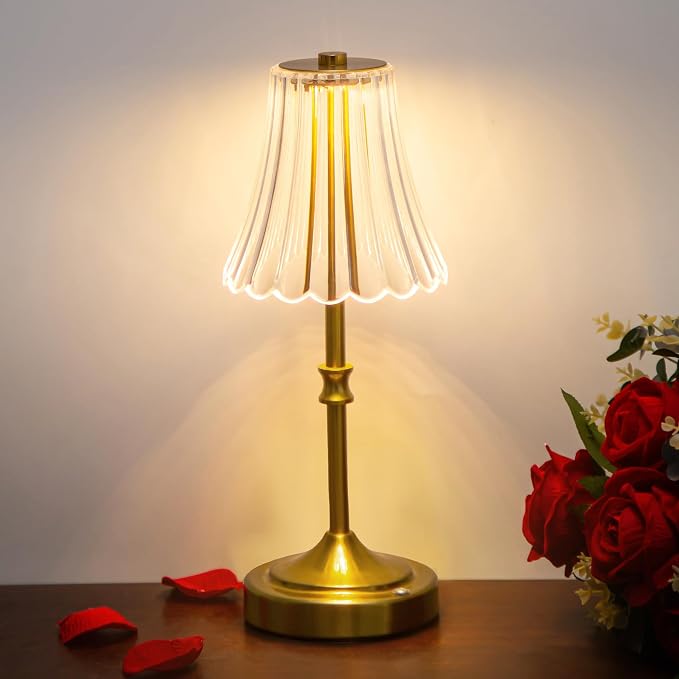 JACKYLED Vintage Cordless Table Lamp, Acrylic Crystal Flower Lamp Shade, 3 Colors Dimmable LED Golden Lamp, 5000Capactiy powerOperated Rechargeable Lamp for Kitchen Counter Home Decor