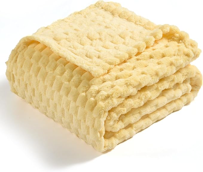 Vessia Flannel Fleece Throw Blanket(50x60 inch), 3D Jacquard Light Yellow Fuzzy and Warm Blanket for Couch, Sofa, Bed, Chair, 300GSM Super Soft Touch Cozy Lightweight Throw for All-Season Home Decor