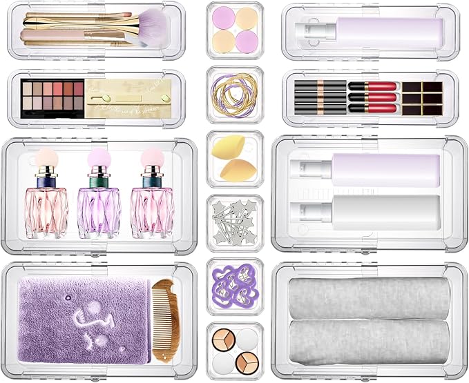 14 Pcs Clear Drawer Organizer, Adjustable Drawer Storage Box, 3-Size Desk Drawer Organizer, Acrylic Storage Bins for Makeup, Cosmetic, Kitchen Utensils, Bedroom Dressers Tool Organizer for Gadgets