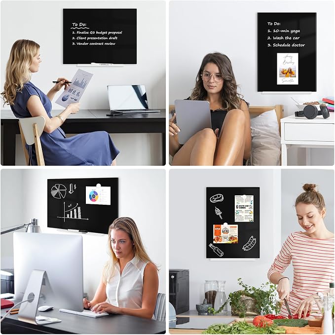 Magnetic Glass Whiteboard, 16" x 12", Frameless Wall Mount, Black | Glass Dry Erase Board for Wall, Includes 1 Marker Tray and 4 Magnets, White Board for Office, Home, Classroom