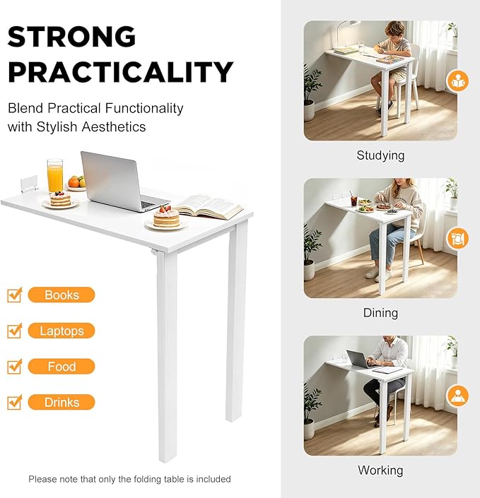 Wall Mounted Folding Dining Table, 30in L Wood Drop-Leaf Desk With Support Legs, Thickened Plate & Bearing Capacity 132lbs For Small Space, Laundry, Dining Room, Bedroom, Home Office. (White)