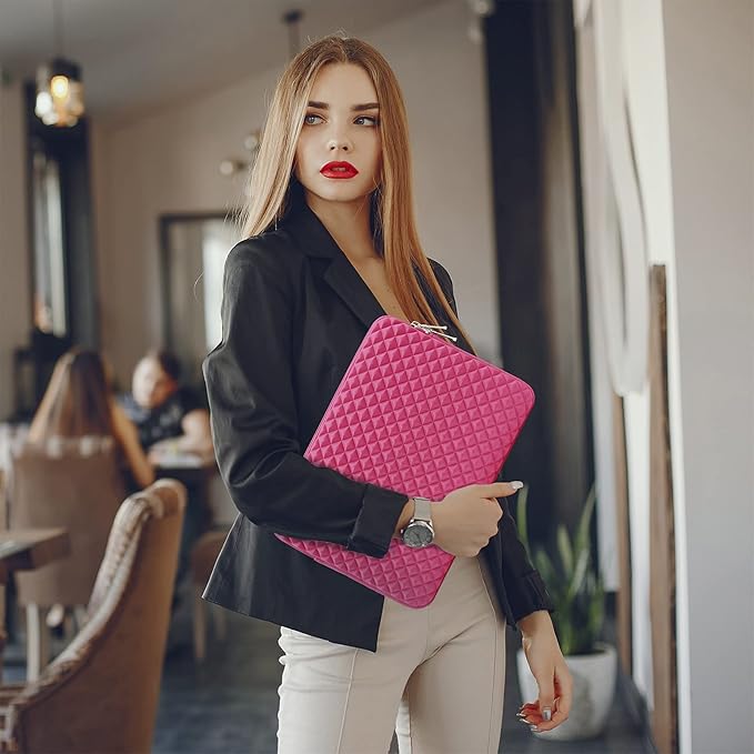 RAINYEAR 15 Inch Laptop Sleeve Diamond Foam Shock Resistant Padded Case Fluffy Lining Carrying Bag Compatible with 15.4" MacBook Pro/Air, Surface Laptop 3/4 15", New XPS 15 Touch (Deep Pink)